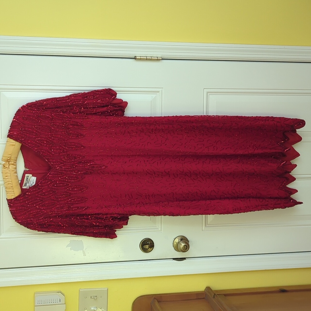 Brillante by J.A. Sequined and beaded red silk cocktail dress. Size 2X.